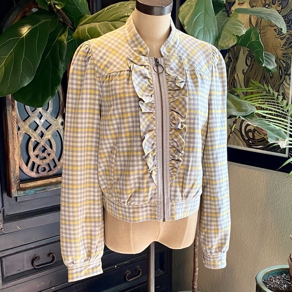 Anthropologie Idra Gingham Check Ruffled Lapel Zip Jacket. Bomber cut - Picture 3 of 13